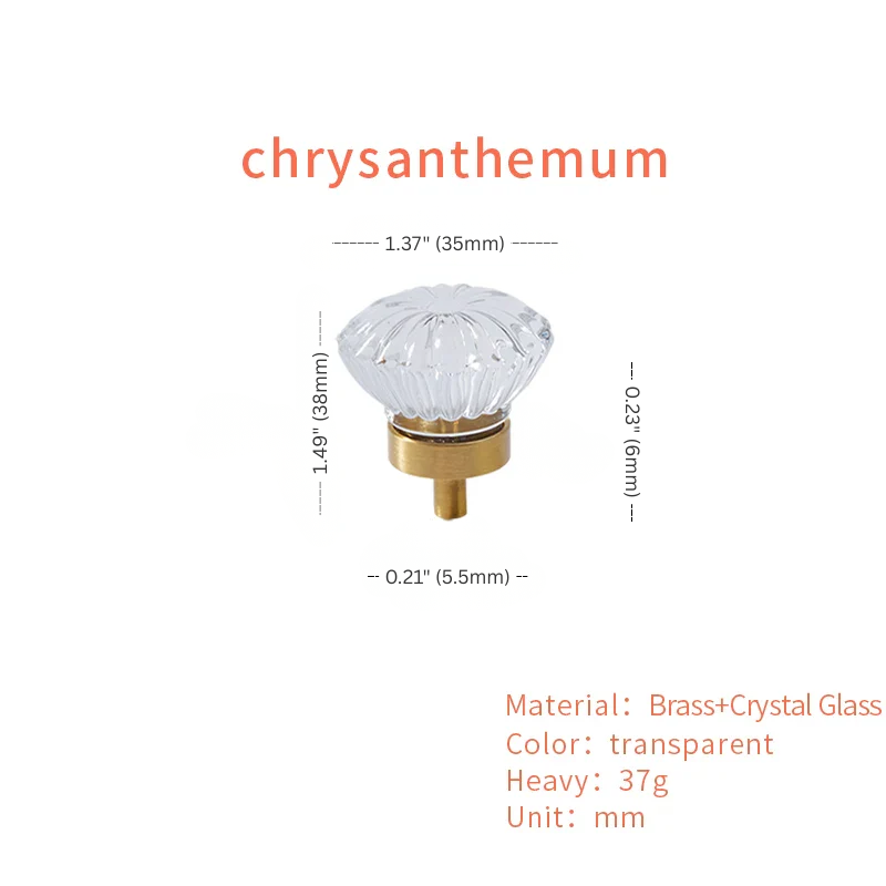 Clear crystal knob with gold base labeled 'chrysanthemum' on a white background