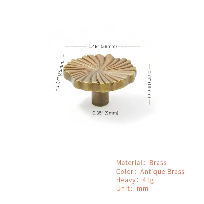 Brass knob with measurements on a white background