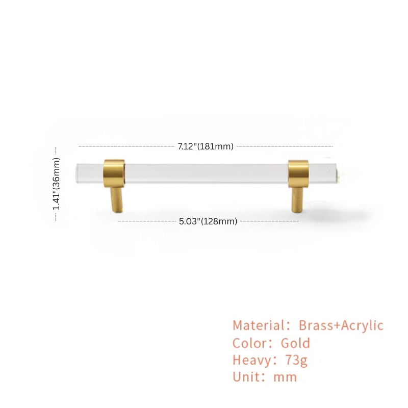 Cabinet handle with gold accents and dimensions on a white background