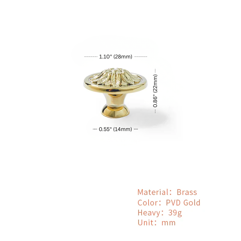 Gold cabinet knob with dimensions and material details on a white background