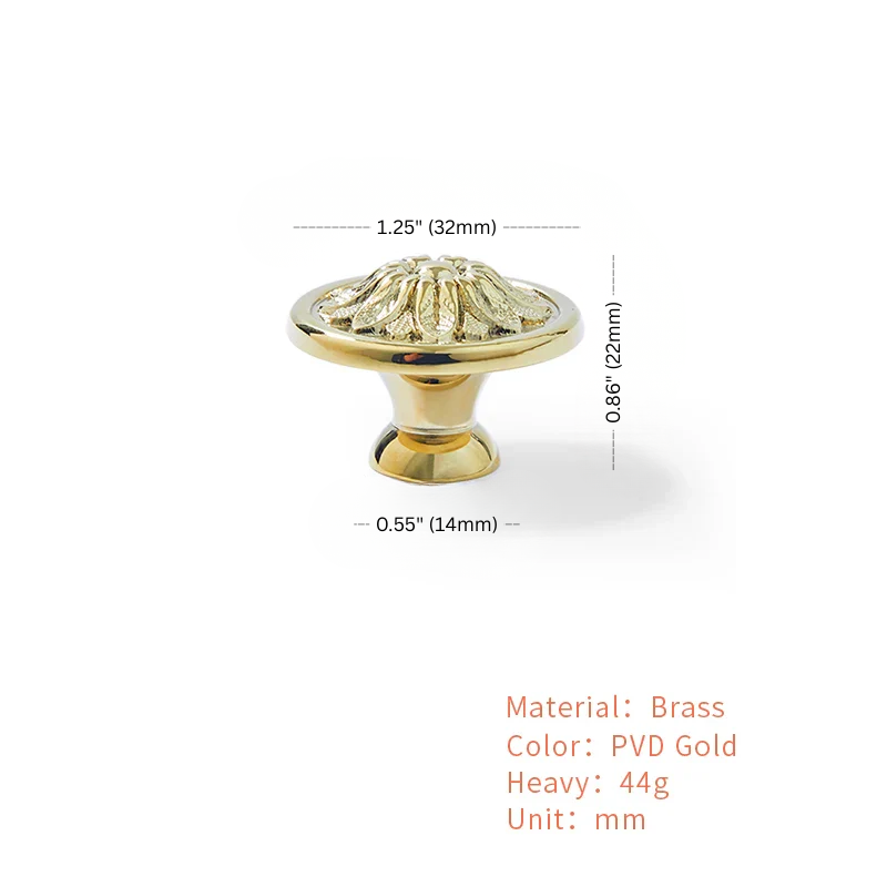 Gold cabinet knob with dimensions and material details on a white background