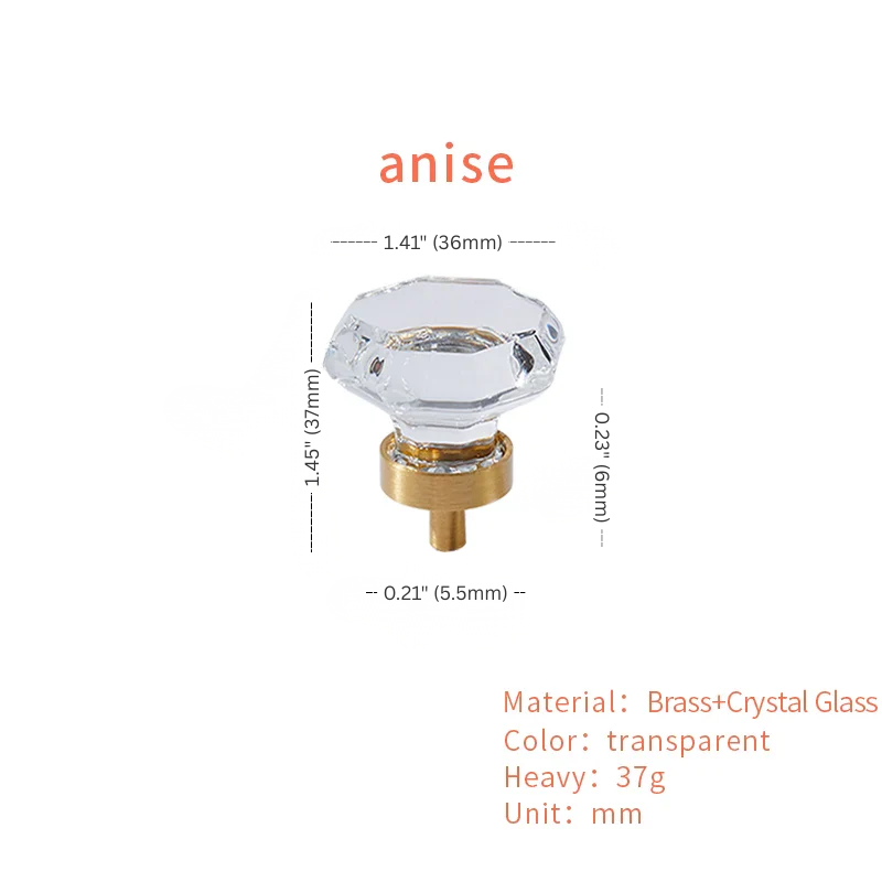 Clear glass knob with brass base and measurements on a white background
