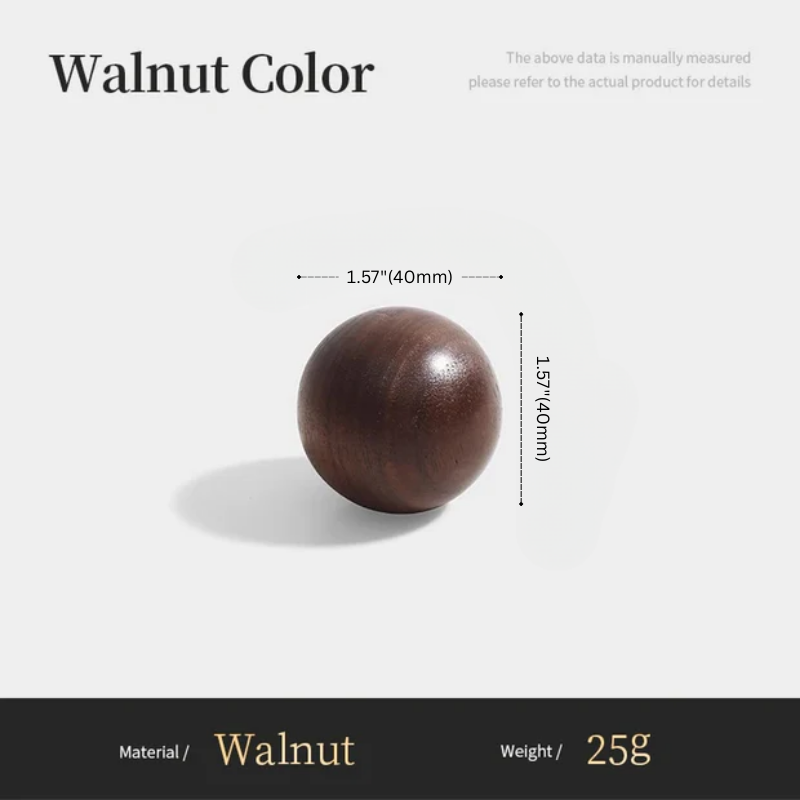 Wooden ball with dimensions and material information on a white background