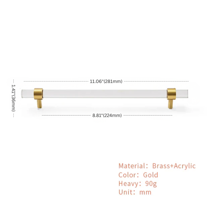 Measurement chart of a cabinet handle with dimensions and material details on a white background