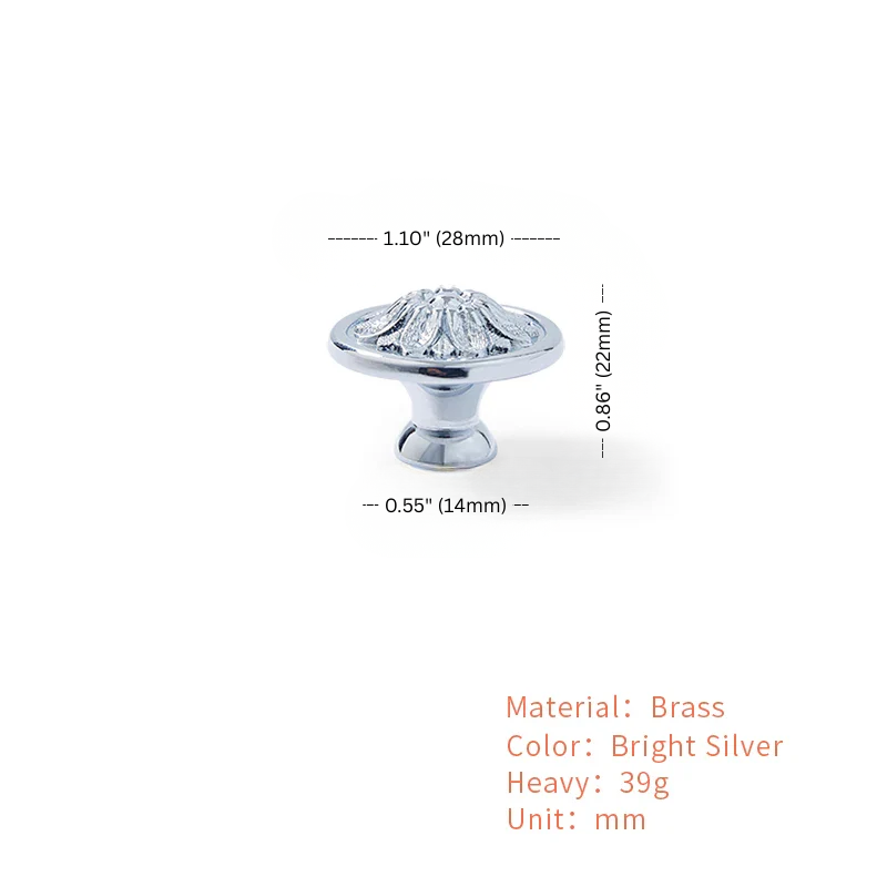 Brass knob with measurements on a white background