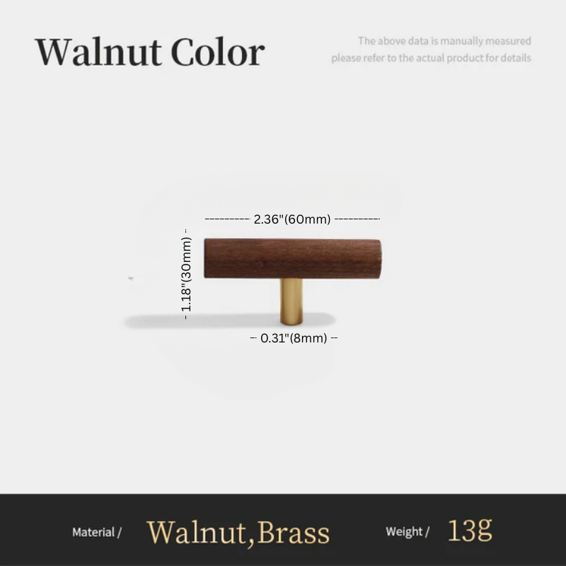 Wooden and brass product with measurements on a white background