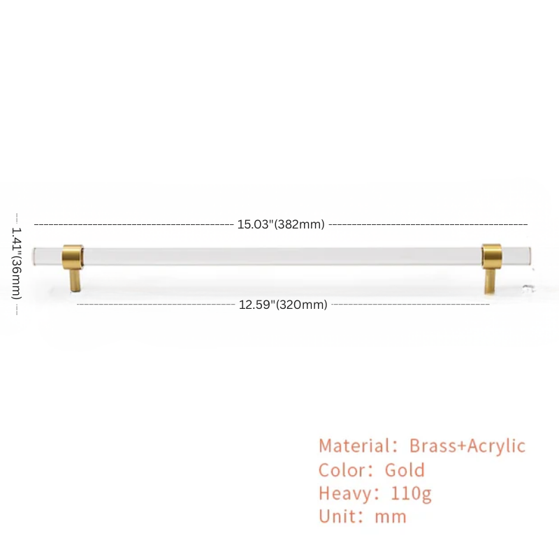 Measurement chart of a gold-accented acrylic object with dimensions and material details.