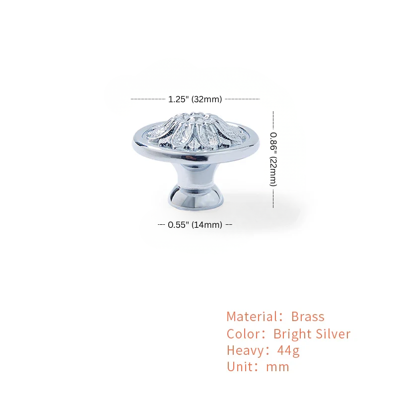 Silver knob with measurements and material details on a white background