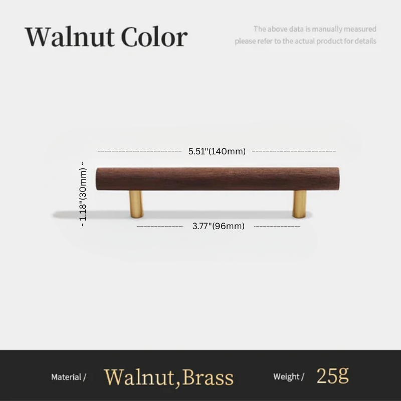 Wooden drawer pull with brass accents and measurements on a white background