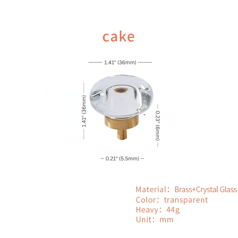 Measurement chart for a decorative knob with brass and crystal glass components on a white background.