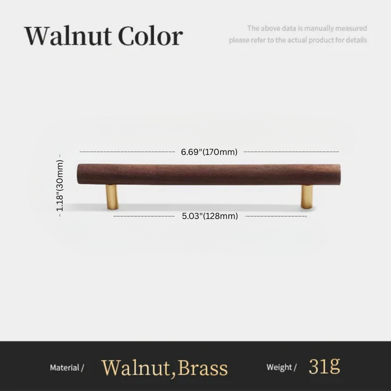 Wooden handle with brass accents and measurements on a white background