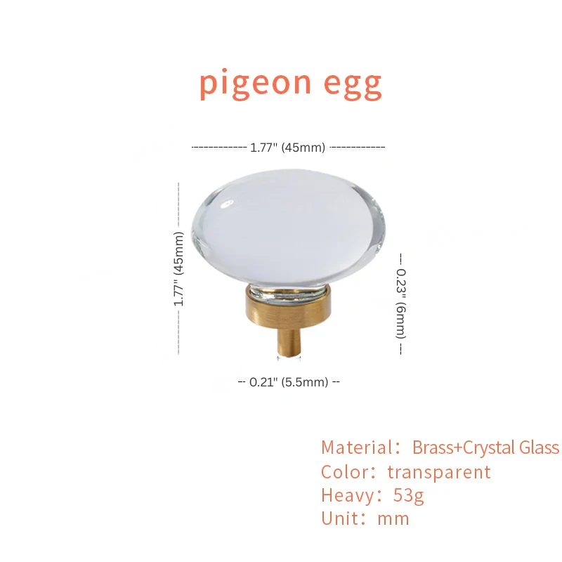 Pigeon egg-shaped knob with dimensions and material details on a white background