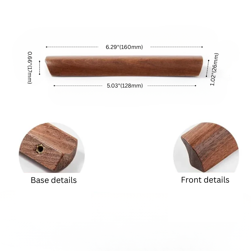 Wooden handle with measurements and close-up details on a white background