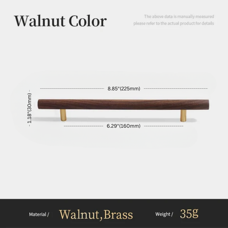 Wooden handle with brass accents and measurements on a white background