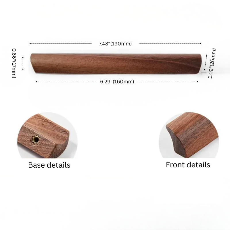 Wooden handle with measurements and details on a white background