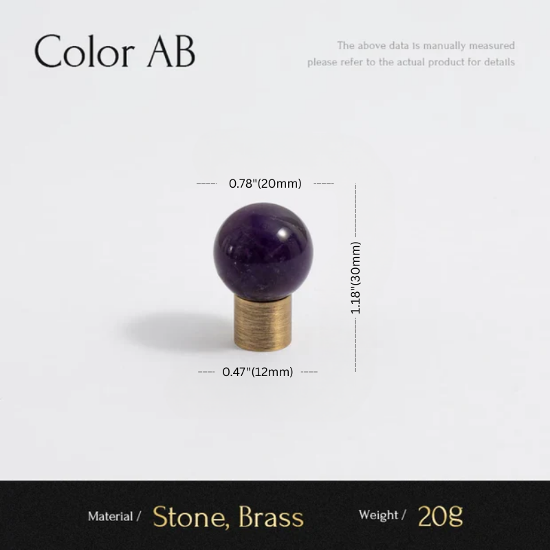 Purple spherical object on a brass base with measurements and material details on a white background