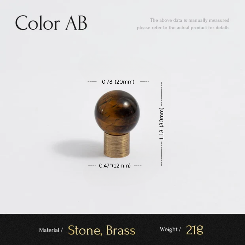 Brown spherical object with measurements on a white background