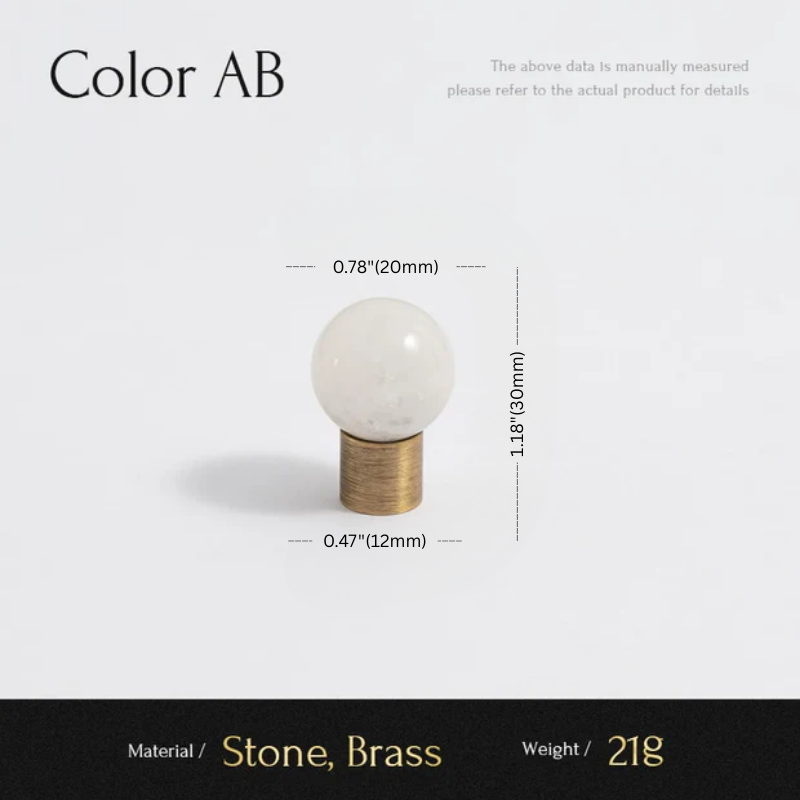 Measurement chart for a decorative item with stone and brass components on a white background.