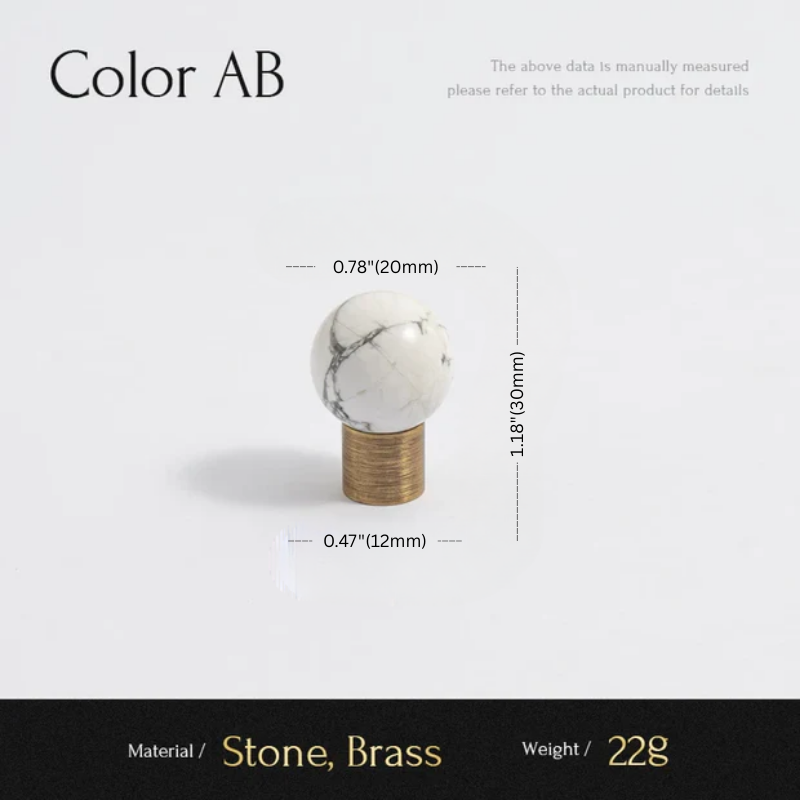 Marble knob with brass base and measurements on a white background
