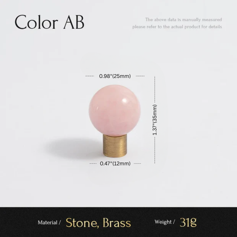Pink spherical object on a brass base with measurements and material details on a gray background