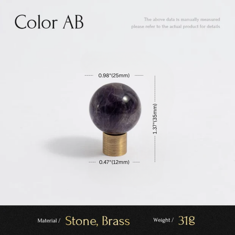 Measurement chart with a spherical stone object on a brass base, showing dimensions and material details.