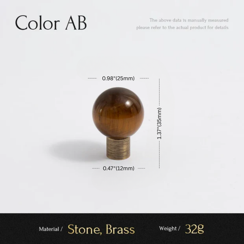 Brown spherical object with measurements and material details on a white background