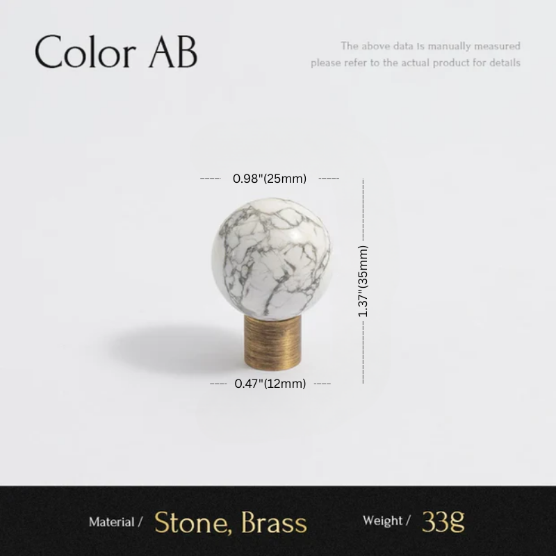 Marble-textured knob with brass base and measurements on a light gray background