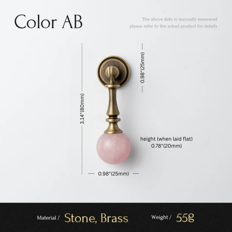 Measurement chart of a decorative item with pink stone and brass finish on a white background.