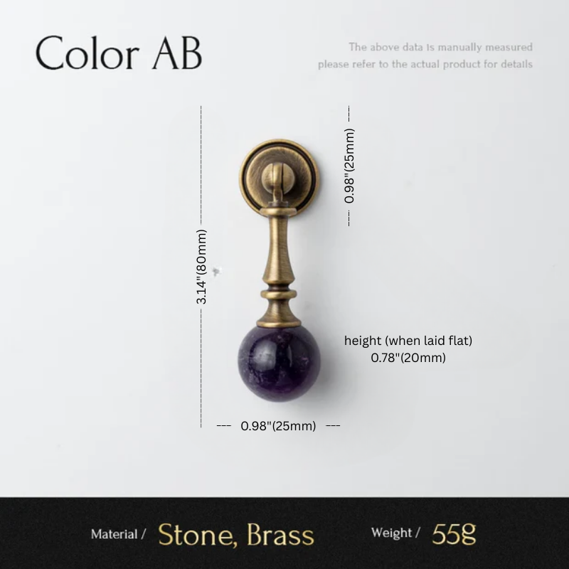 Decorative knob with measurements and material details on a white background