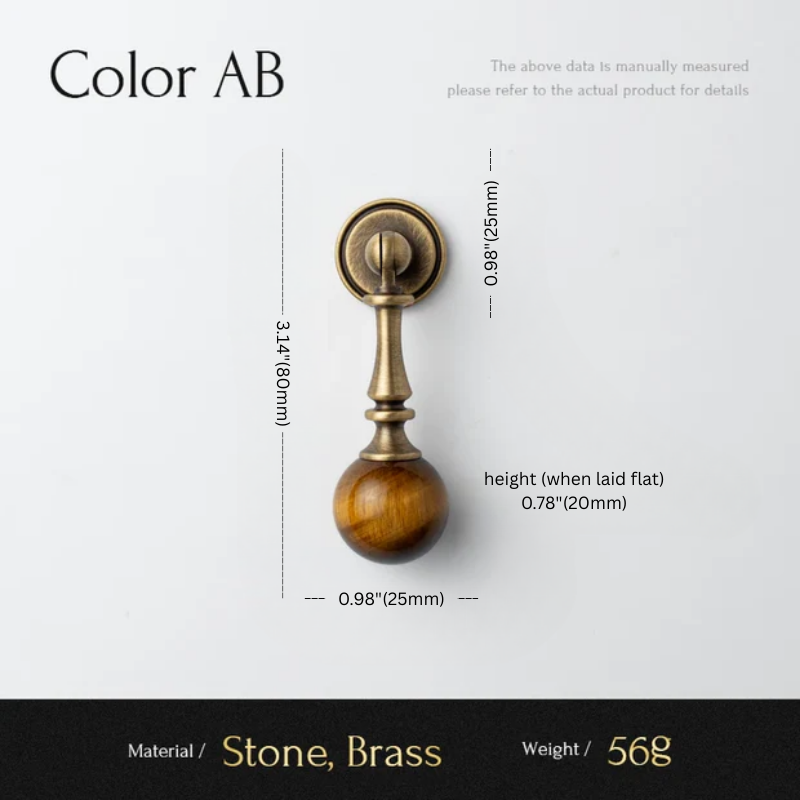 Measurement chart for a decorative item with stone and brass components on a white background.