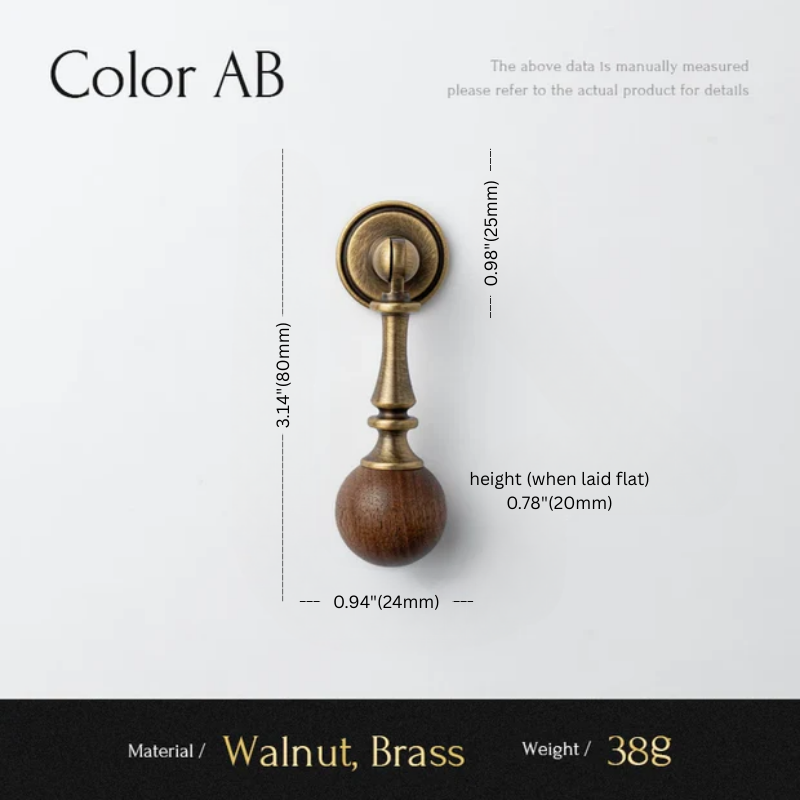 Measurement chart for a wooden and brass door handle with dimensions and material details.