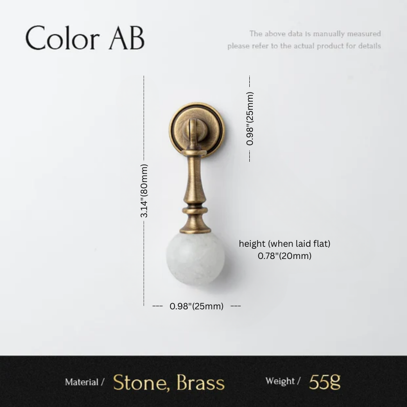 Measurement chart of a decorative item with stone and brass components on a white background.