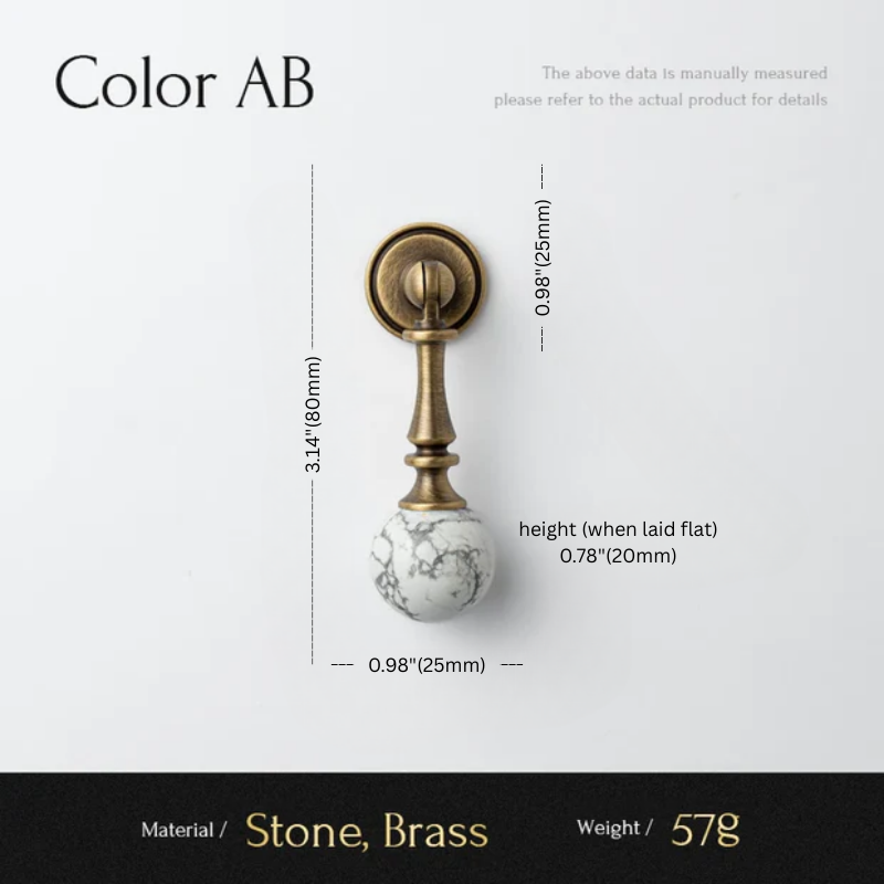 Measurement chart of a decorative item with stone and brass components on a white background.