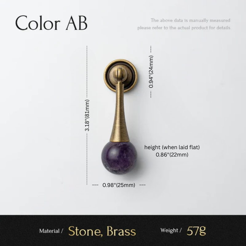 Brass and stone decorative item with measurements on a white background