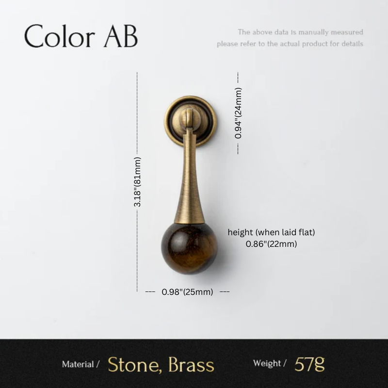 Measurement chart for a decorative item with stone and brass components on a white background.