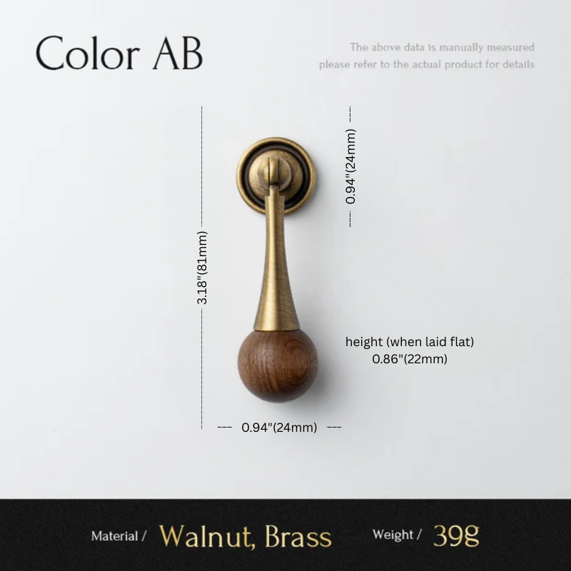 Measurement chart for a wooden and brass handle with dimensions and material details.