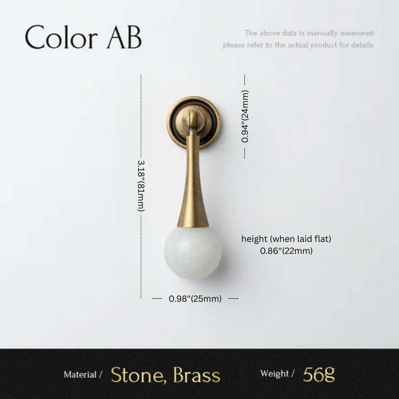 Measurement chart for a decorative item with brass and stone components on a white background.