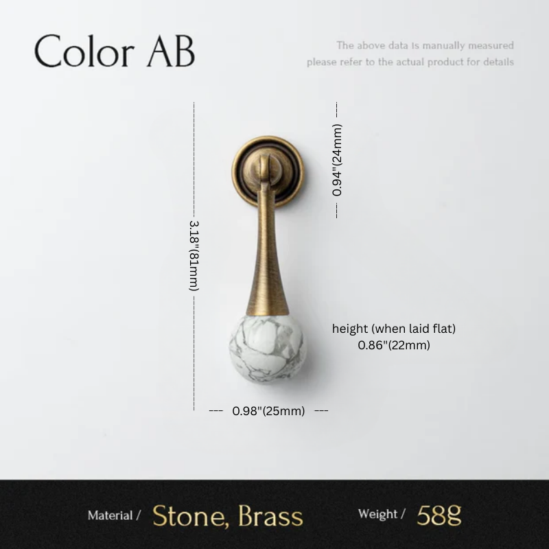Decorative item with brass and stone design, shown with measurements on a white background.