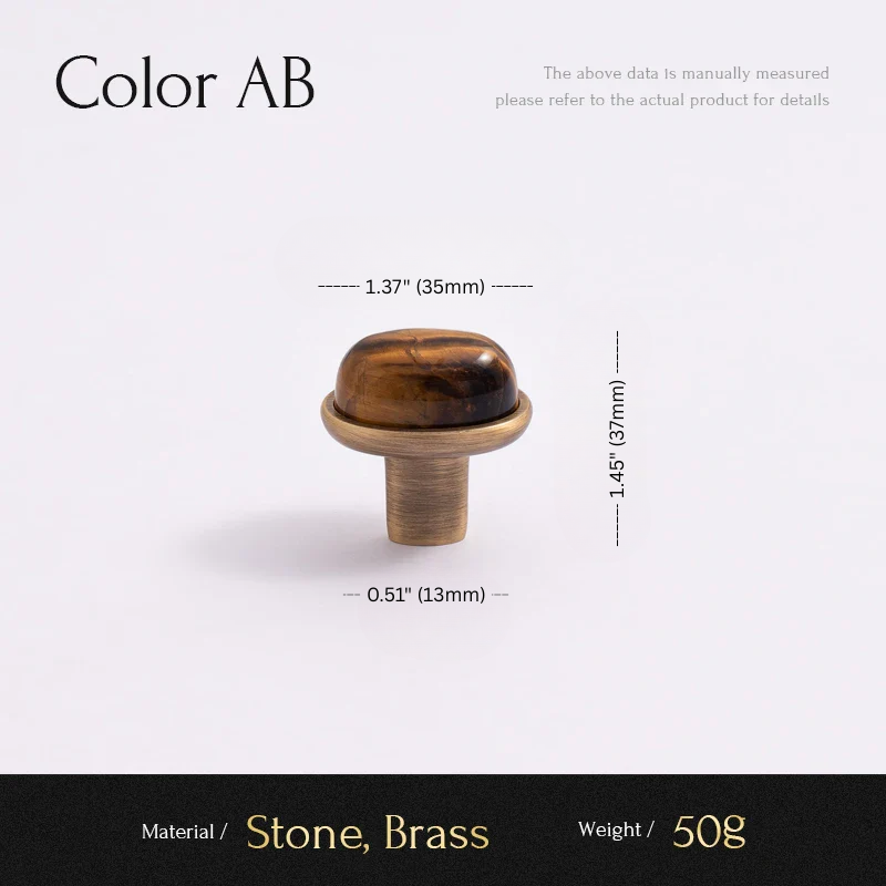 Measurement chart for a stone and brass knob with dimensions and material details.