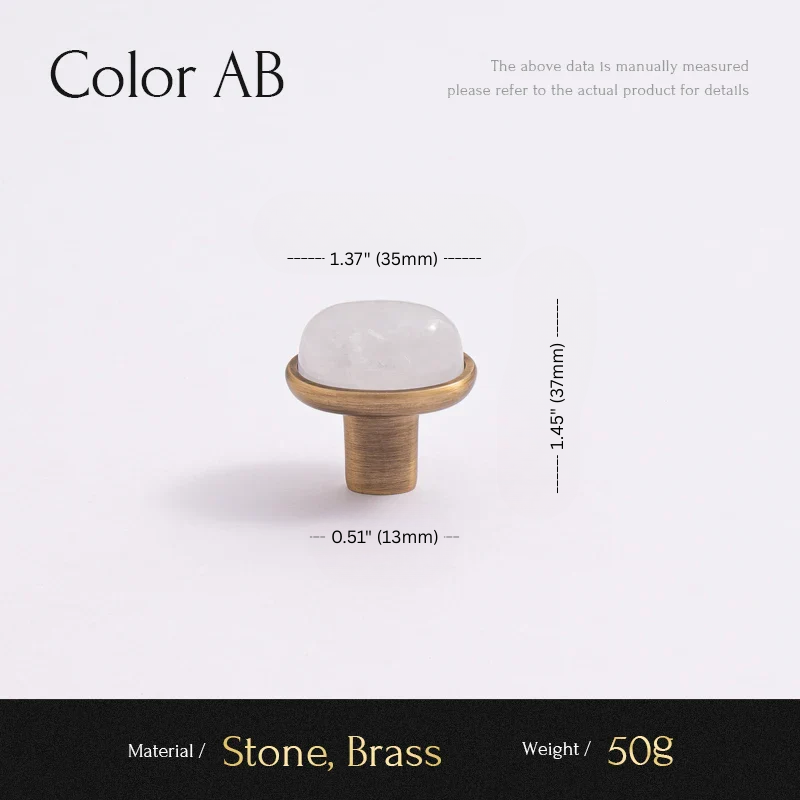 Measurement chart for a stone and brass knob with dimensions and material details.