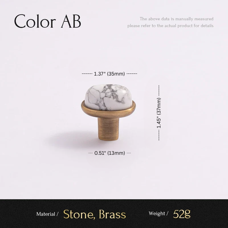 Wooden knob with marble top and measurements on a white background