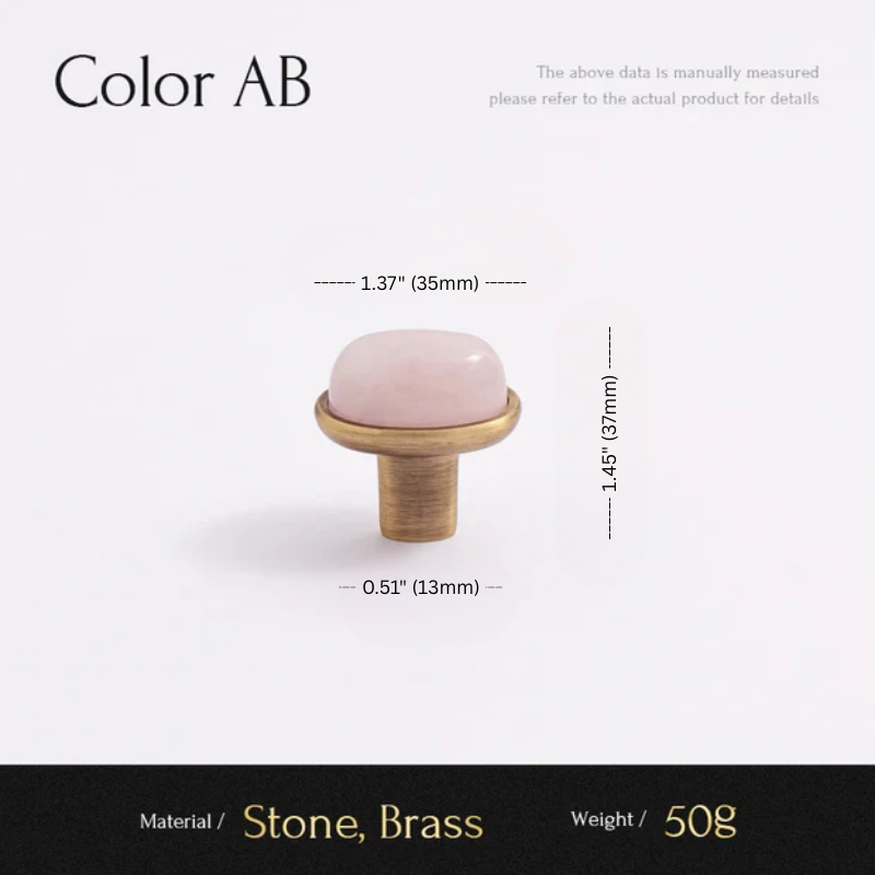 Cabinet knob with measurements and material details on a white background