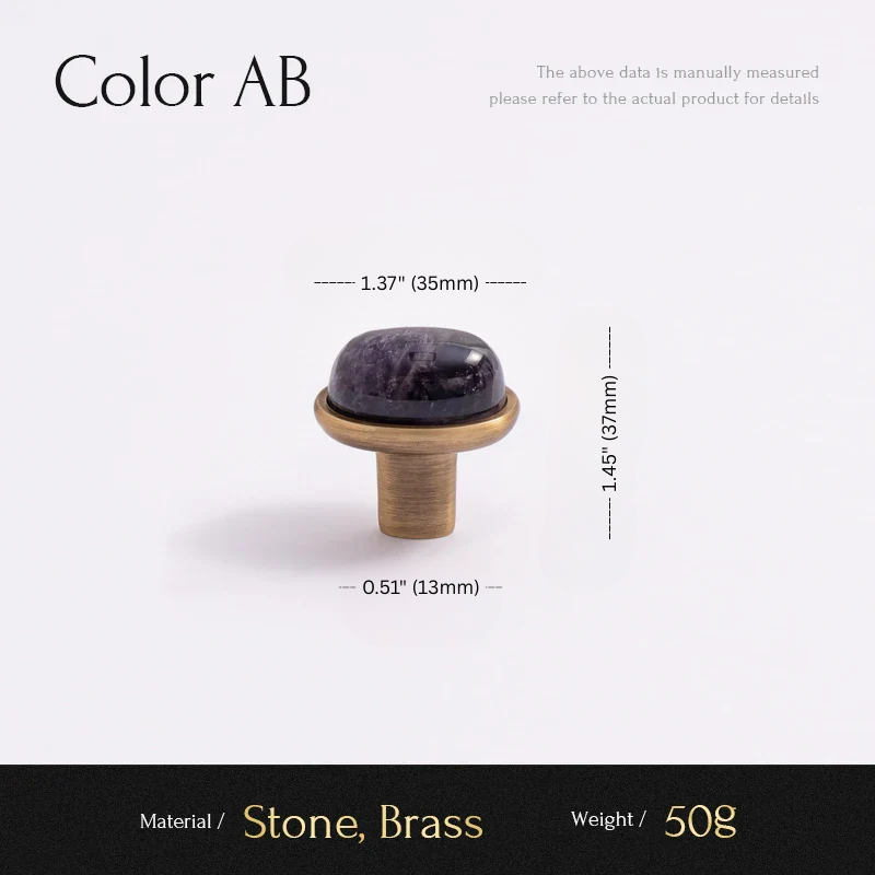 Decorative knob with stone and brass design, showing measurements and material details on a white background.