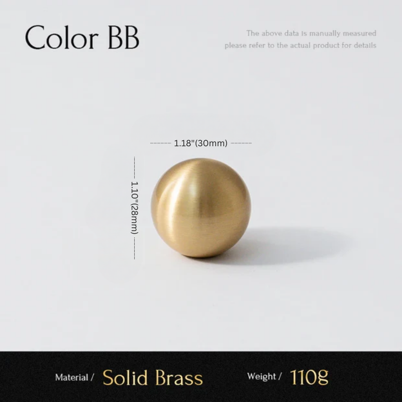 Gold spherical object with measurements and material details on a light gray background