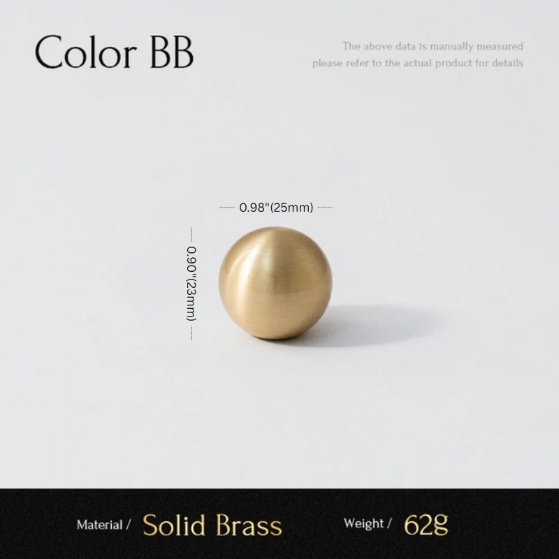 Gold spherical object with measurements and material details on a white background