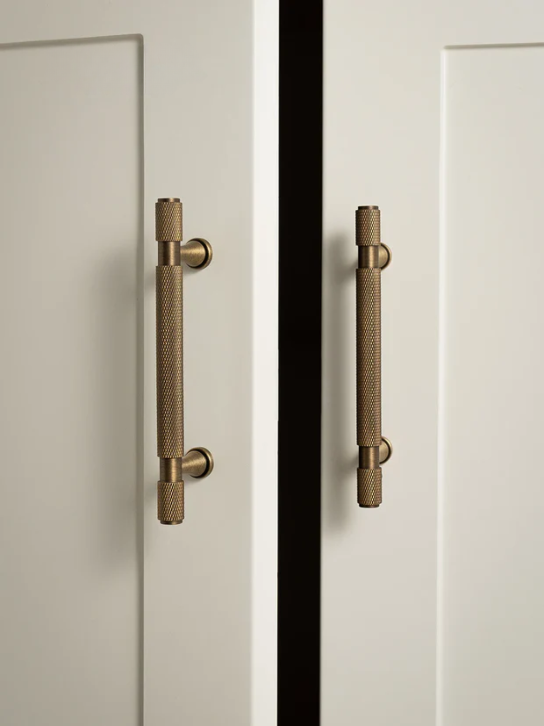 Close-up of two bronze handles on a glass door and white panel.
