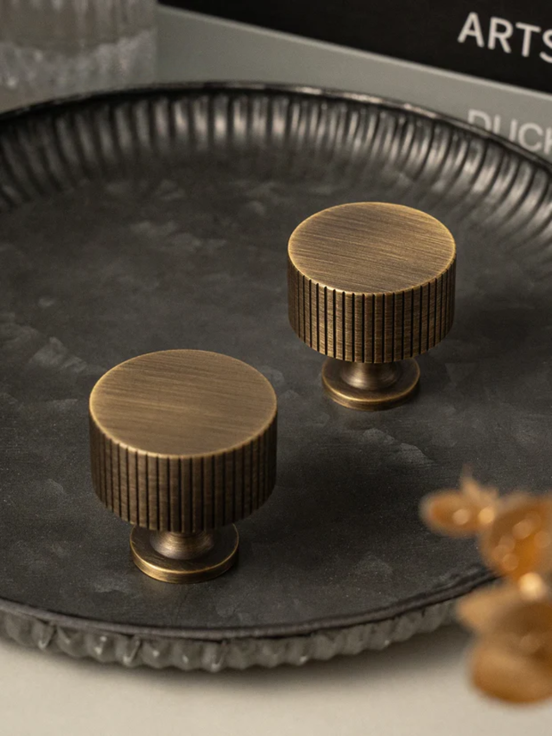 Two bronze knobs on a textured black surface with 'ARTS' visible in the background.