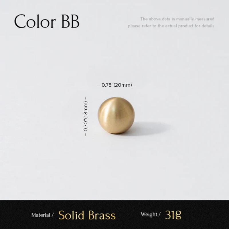 Gold spherical object with measurements and material details on a white background