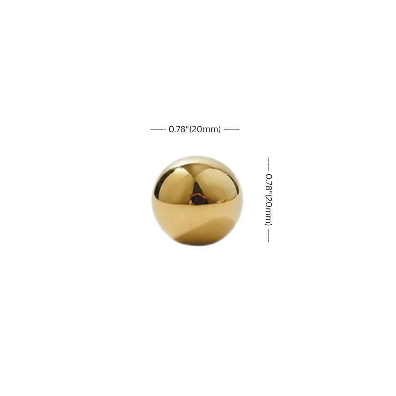Gold spherical object with measurements on a white background