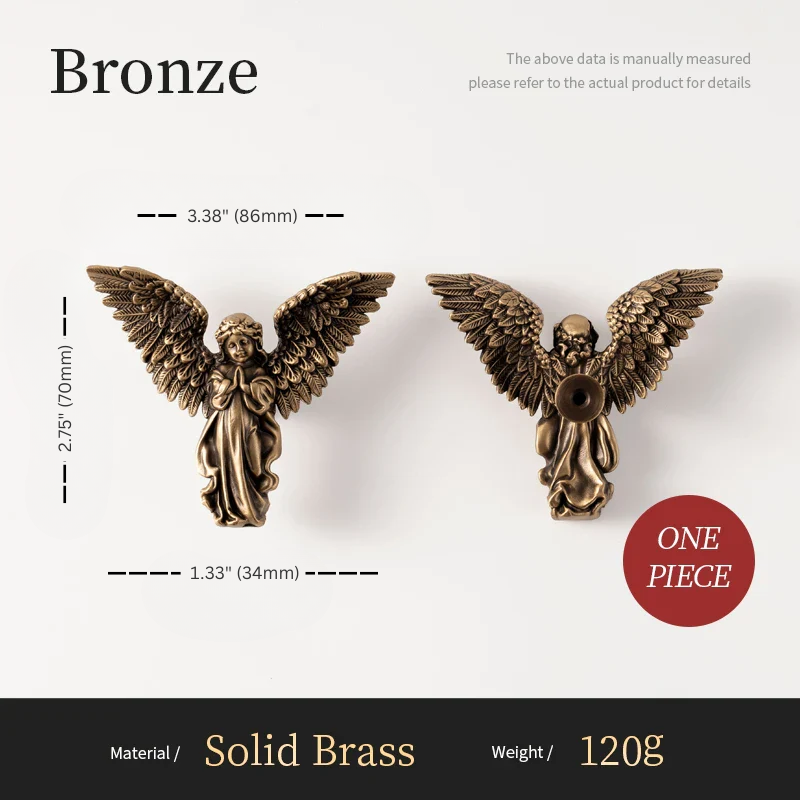 Bronze angel figurine with measurements and material details on a white background